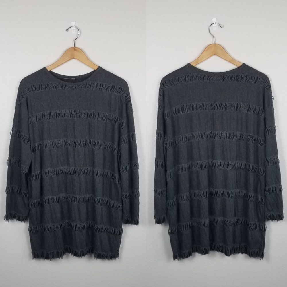 Zara Dark Grey Goth Witchcore Destroyed Distressed Long Sleeve Tee Size Small